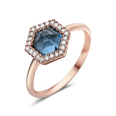 14KT Rose Gold Rose-Cut London Blue Topaz Diamond Halo Ring