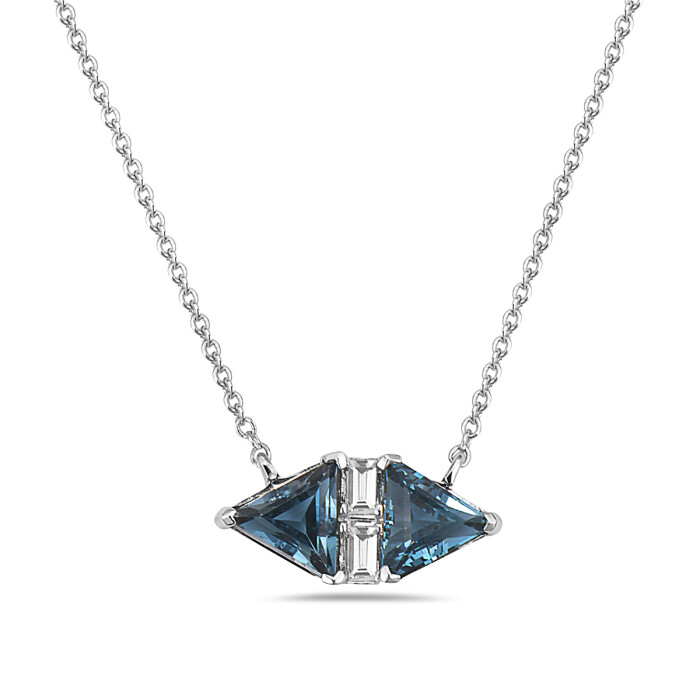 14KT White Gold Dual Triangle London Blue Topaz and Baguette Diamond Necklace