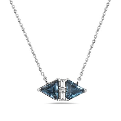 14KT White Gold Dual Triangle London Blue Topaz and Baguette Diamond Necklace