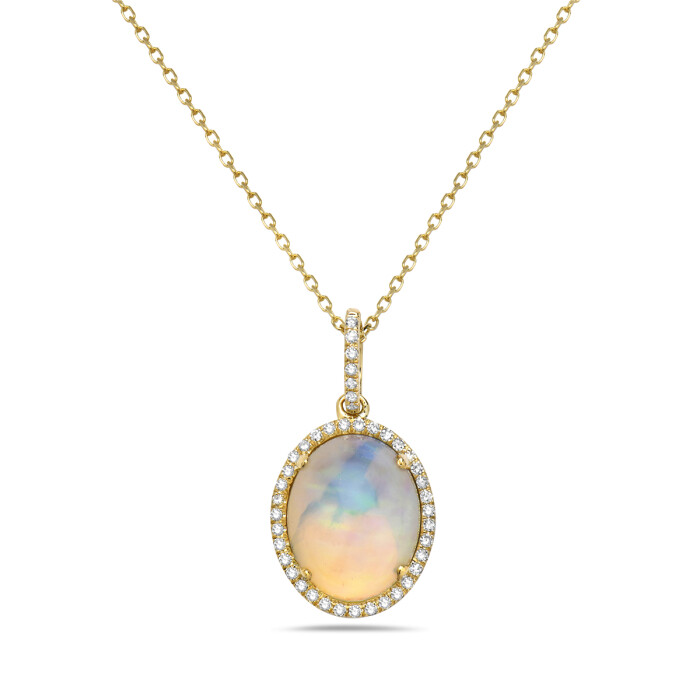 14KT Yellow Gold Oval Opal Diamond Halo Necklace