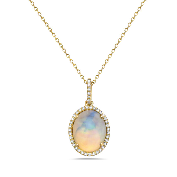 14KT  Yellow Gold Oval Opal Diamond Halo Necklace