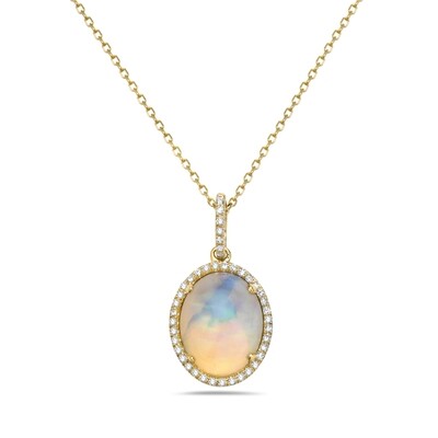 14KT Yellow Gold Oval Opal Diamond Halo Necklace