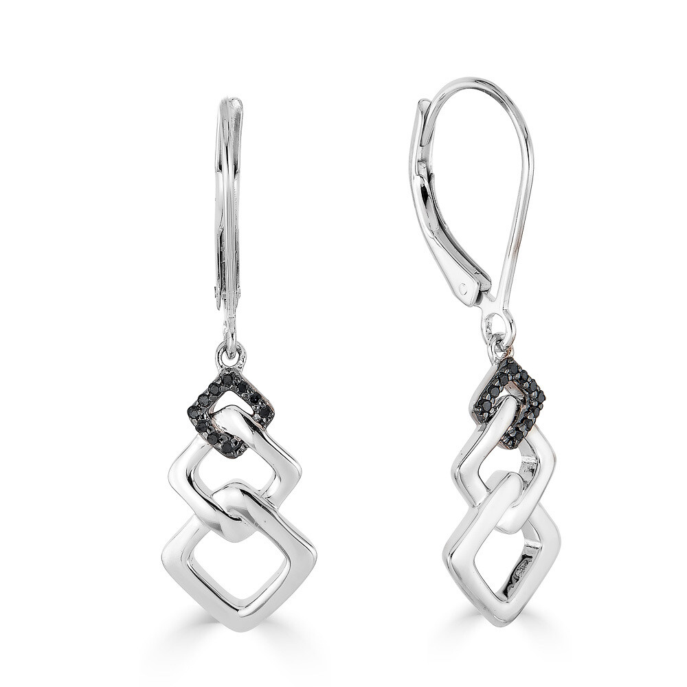 Silver Round Blue Diamond Accents Interlock Squares Dangle Earrings