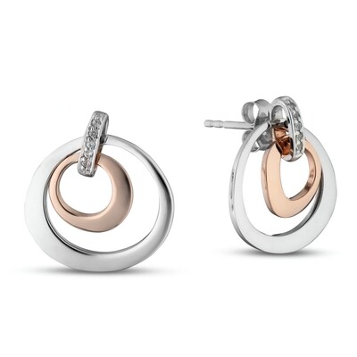 Silver TwoTone Three Circle Round White Sapphire Accents Earrings