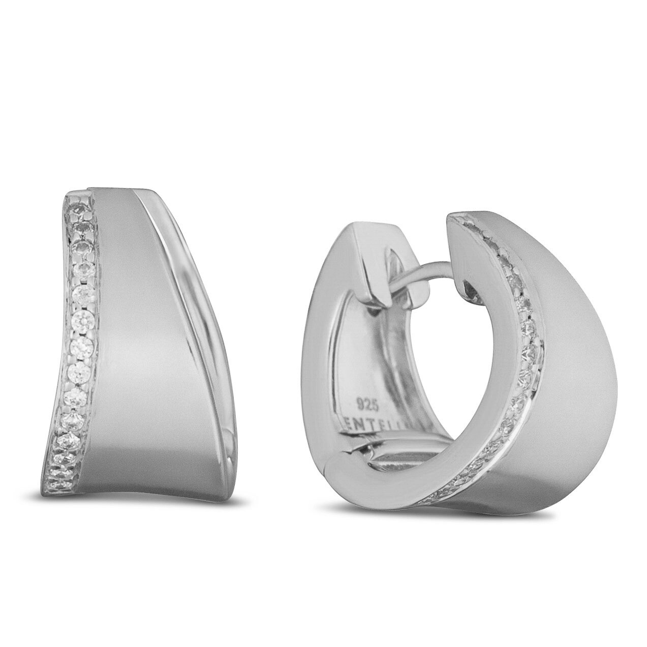 Silver White Sapphire Accents Tapered Hoop Earrings