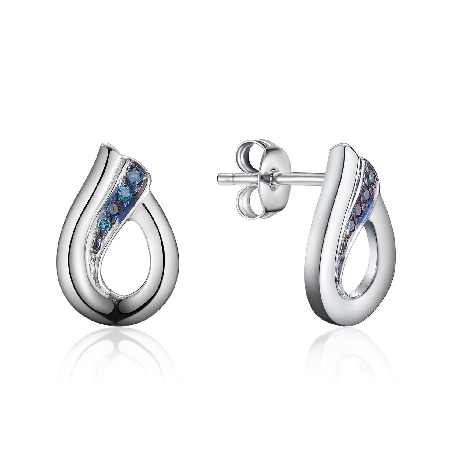 Silver Round Blue Diamond Open Teardrop Earrings