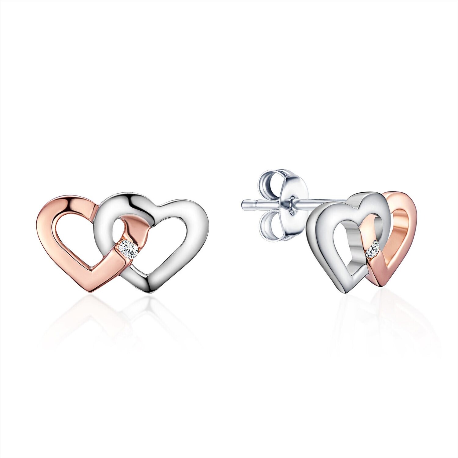 Silver TwoTone Interlocking Hearts Round Diamond Accent Earrings