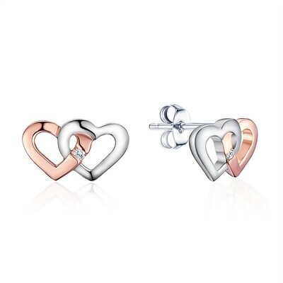 Silver TwoTone Interlocking Hearts Round Diamond Accent Earrings