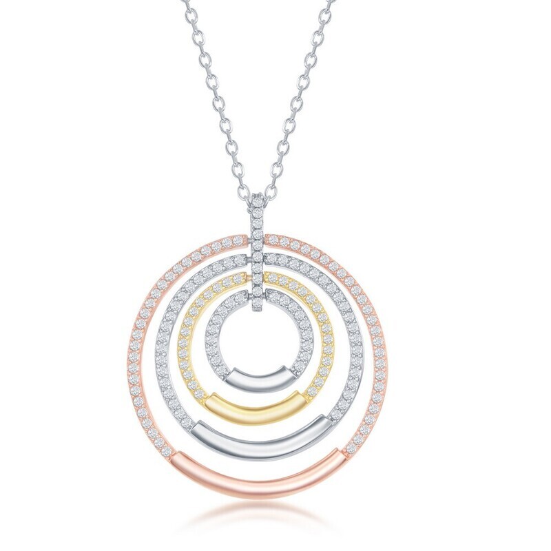 Silver TriColor Cubic Zirconia Four Circle Necklace