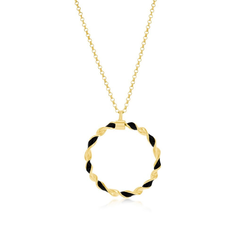 Yellow Gold-Plated Black Enamel Twisted Circle Necklace