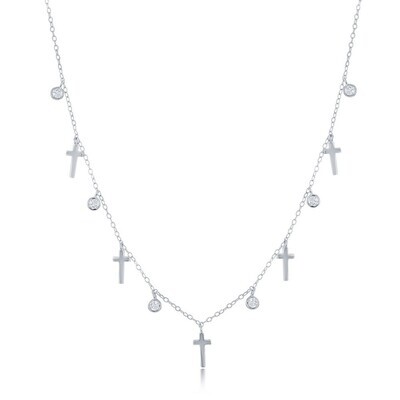 Silver Alternating Cubic Zirconia and Cross Necklace