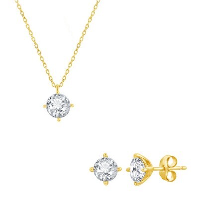 Yellow Gold-Plated Round Cubic Zirconia Necklace and Earring Set