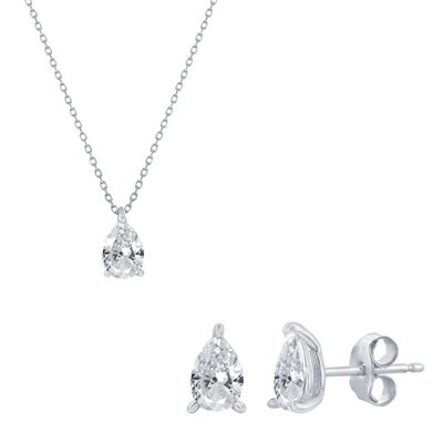 Silver Pear Cubic Zirconia Necklace and Earring Set