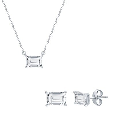 Silver Rectangle Cubic Zirconia Necklace and Earring Set