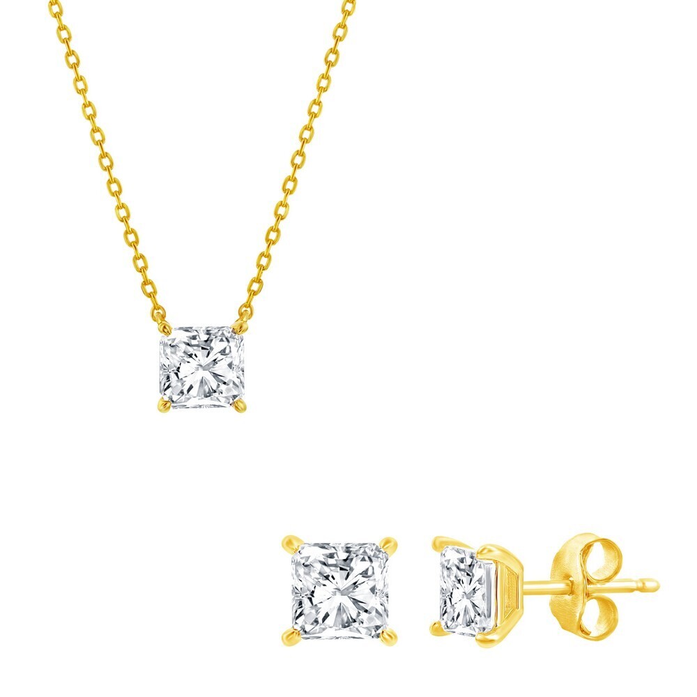 Yellow Gold-Plated Princess Cubic Zirconia Necklace and Earring Set