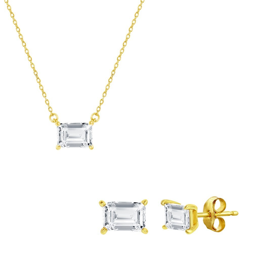Yellow Gold-Plated Rectangle Cubic Zirconia Necklace and Earring Set