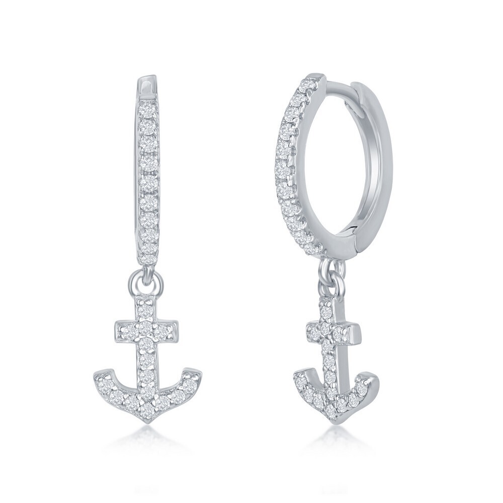 Silver Cubic Zirconia Dangle Anchor Huggie Hoop Earrings