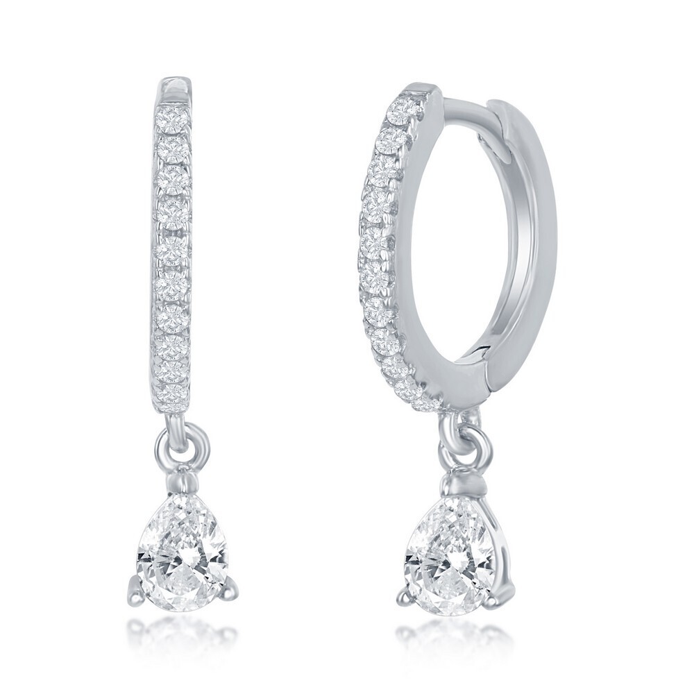 Silver Pear-Cut Cubic Zirconia Dangle Huggie Hoop Earrings