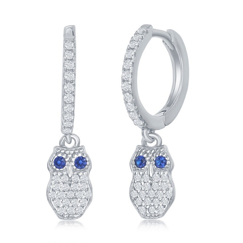 Silver Cubic Zirconia Dangle Owl Huggie Hoop Earrings