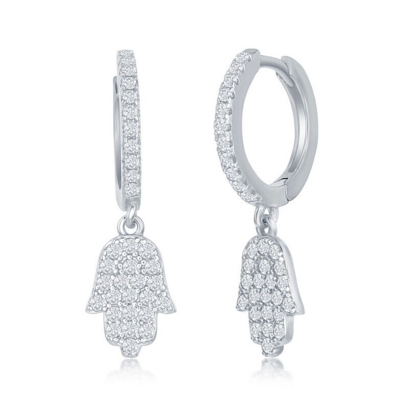Silver Cubic Zirconia Dangle Hamsa Huggie Hoop Earrings