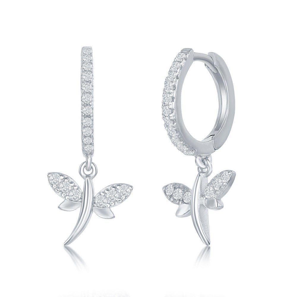 Silver Cubic Zirconia Dangle Dragonfly Huggie Hoop Earrings