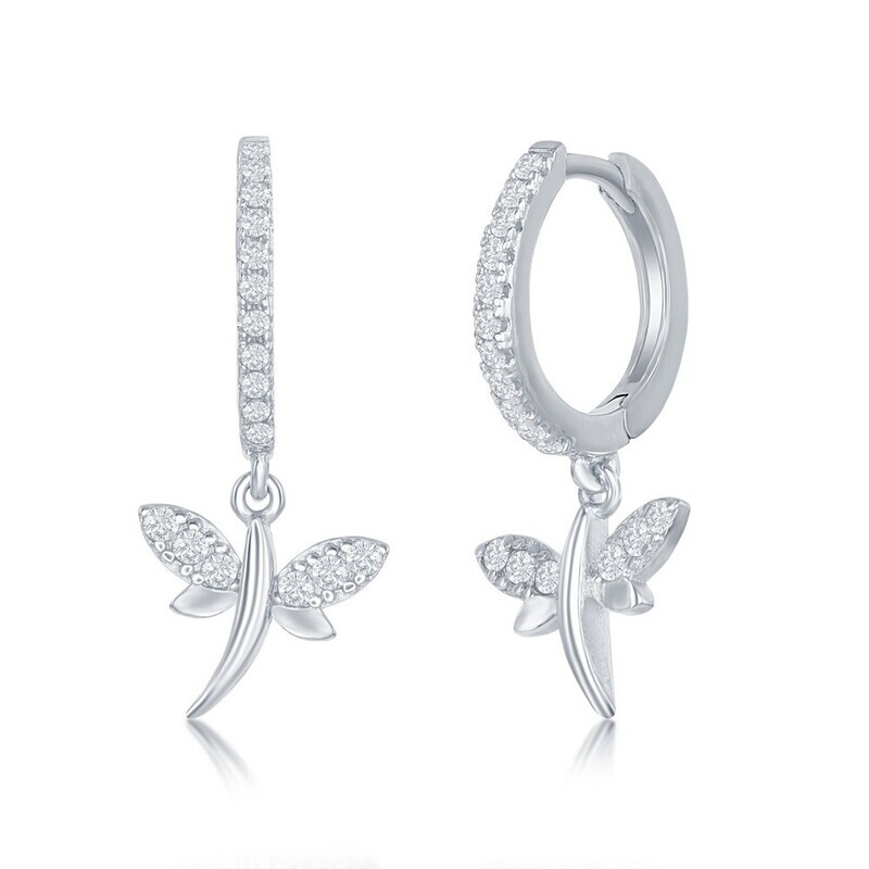 Silver Cubic Zirconia Dangle Dragonfly Huggie Hoop Earrings