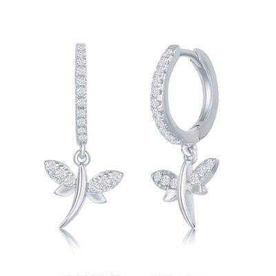 Silver Cubic Zirconia Dangle Dragonfly Huggie Hoop Earrings