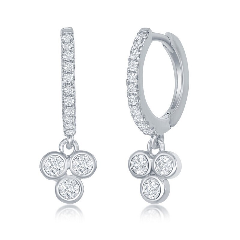 Silver Cubic Zirconia Dangle Cluster Huggie Hoop Earrings