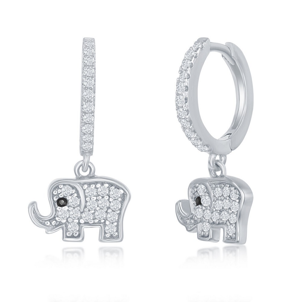 Silver Cubic Zirconia Dangle Elephant Huggie Hoop Earrings