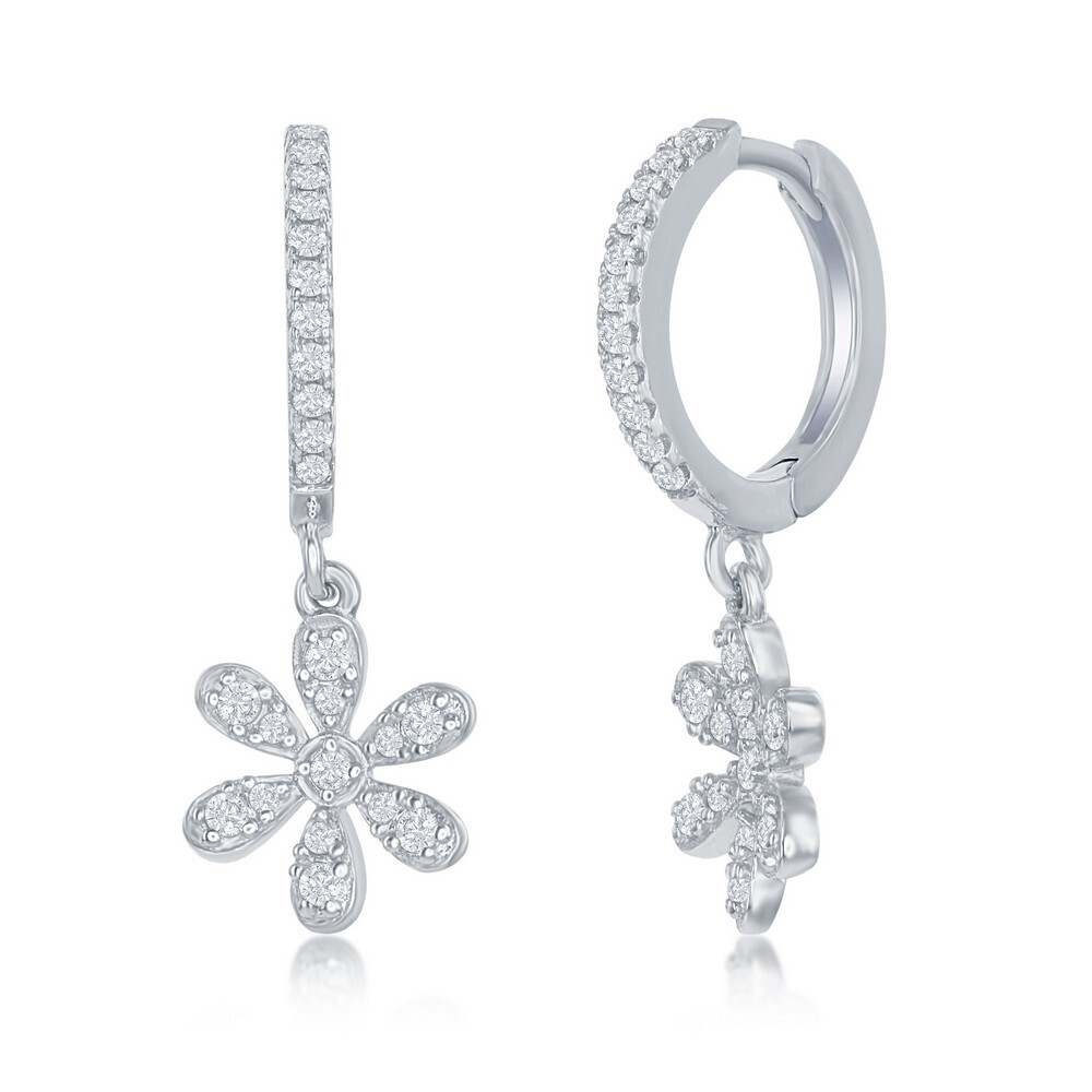 Silver Cubic Zirconia Dangle Flower Huggie Hoop Earrings