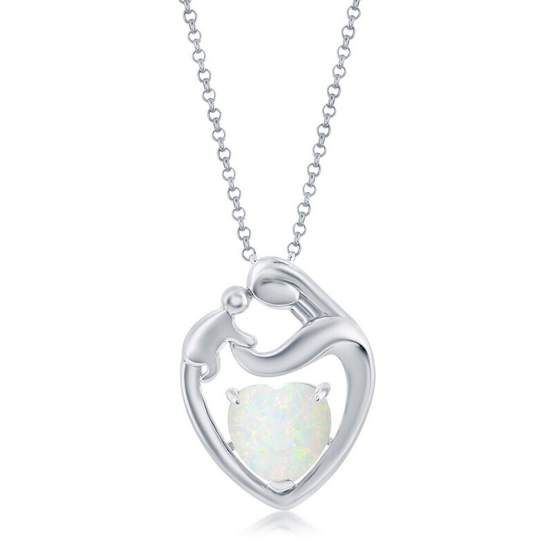Silver Mother and Child Heart Created Opal Necklace