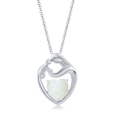 Silver Mother and Child Heart Created Opal Necklace