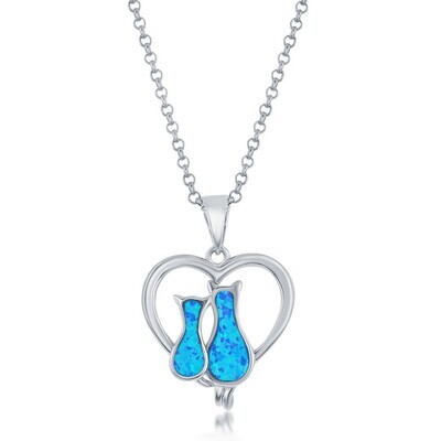 Silver Dual Created Blue Opal Cats in Heart Necklace