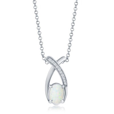 Silver Oval Created Opal with Cubic Zirconia Twist Necklace
