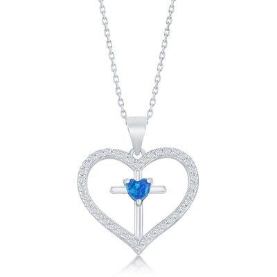 Silver Created Blue Opal Cross in Cubic Zirconia Heart Necklace