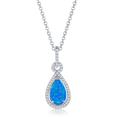 Silver Pear-Shaped Created Blue Opal Cubic Zirconia Halo Necklace