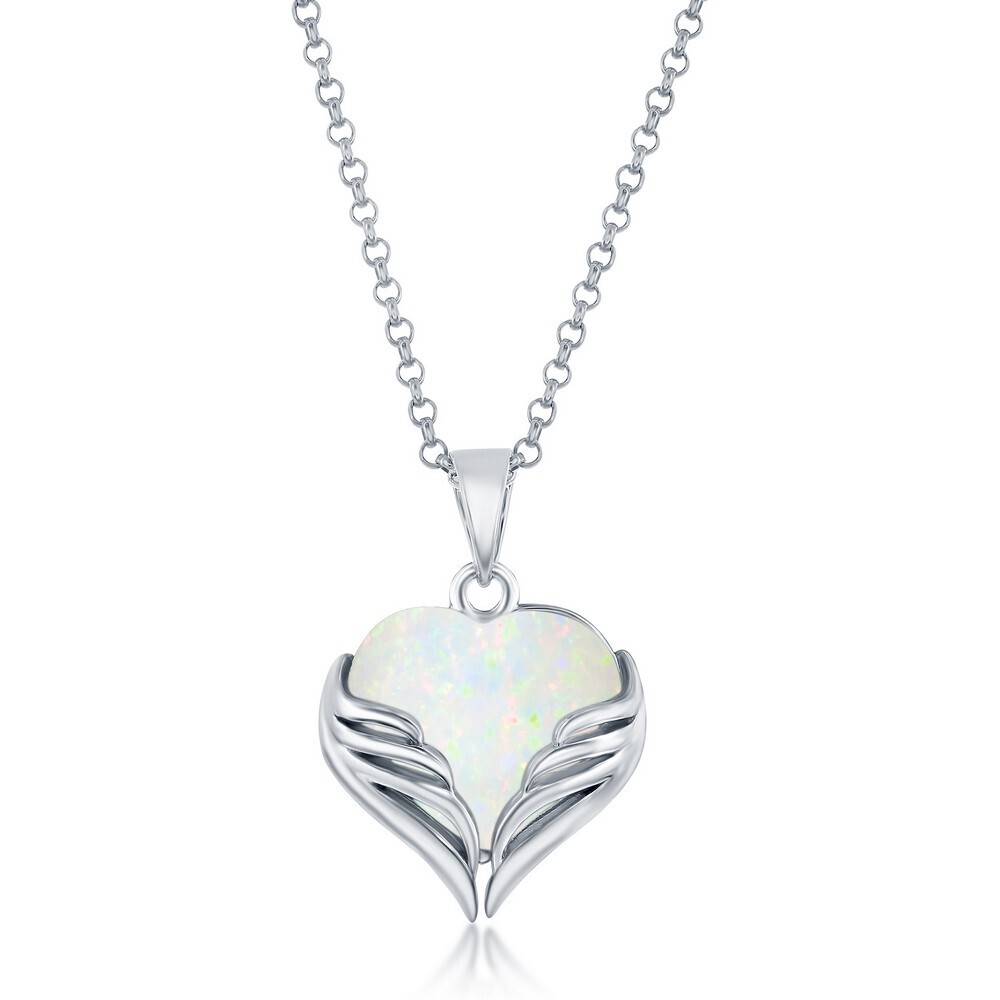 Silver Heart-Shaped Created Opal in Angel Wings Necklace