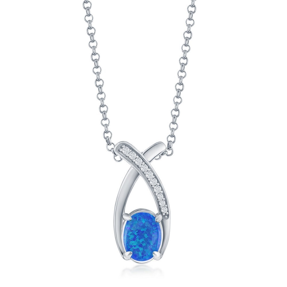 Silver Oval Created Blue Opal with Cubic Zirconia Twist Necklace