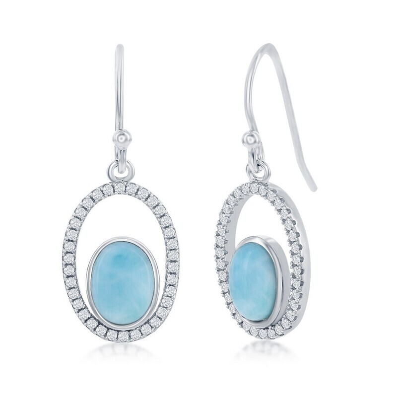 Silver Oval Larimar Oval Cubic Zirconia Border Dangle Earrings