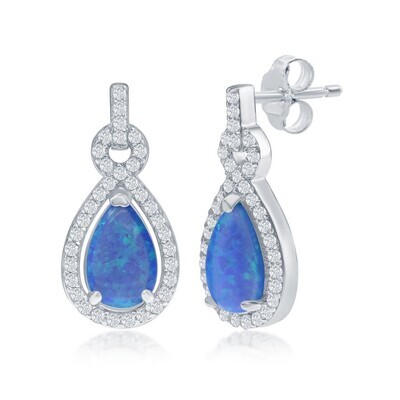 Silver Pear-Shaped Created Blue Opal Cubic Zirconia Halo Earrings