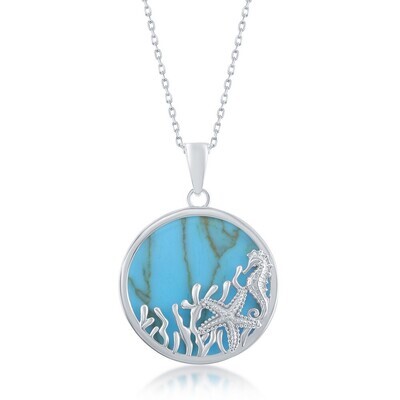 Silver Round Turquoise with Underwater Scene Necklace