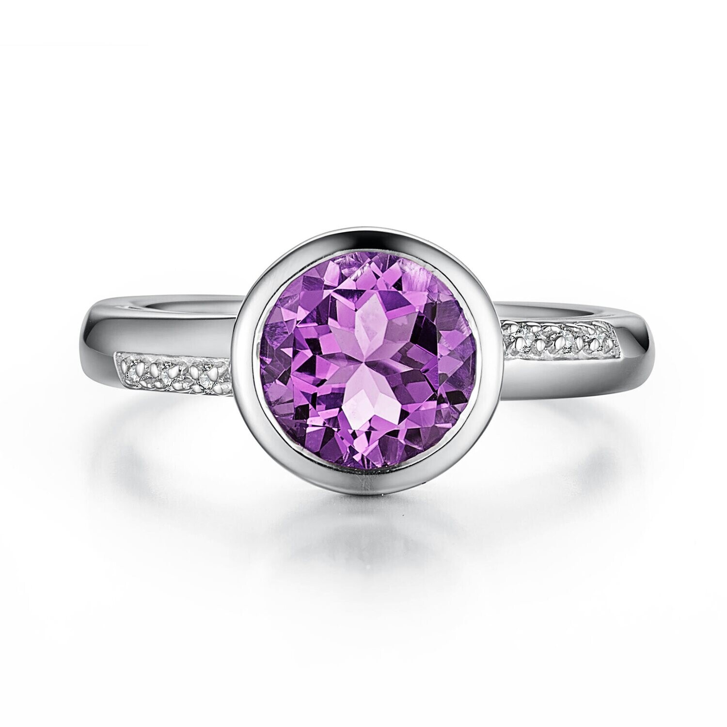 Silver Bezel Round Amethyst Round Diamond Accents Ring