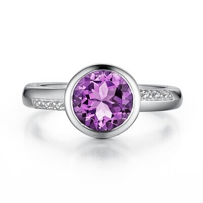 Silver Bezel Round Amethyst Round Diamond Accents Ring