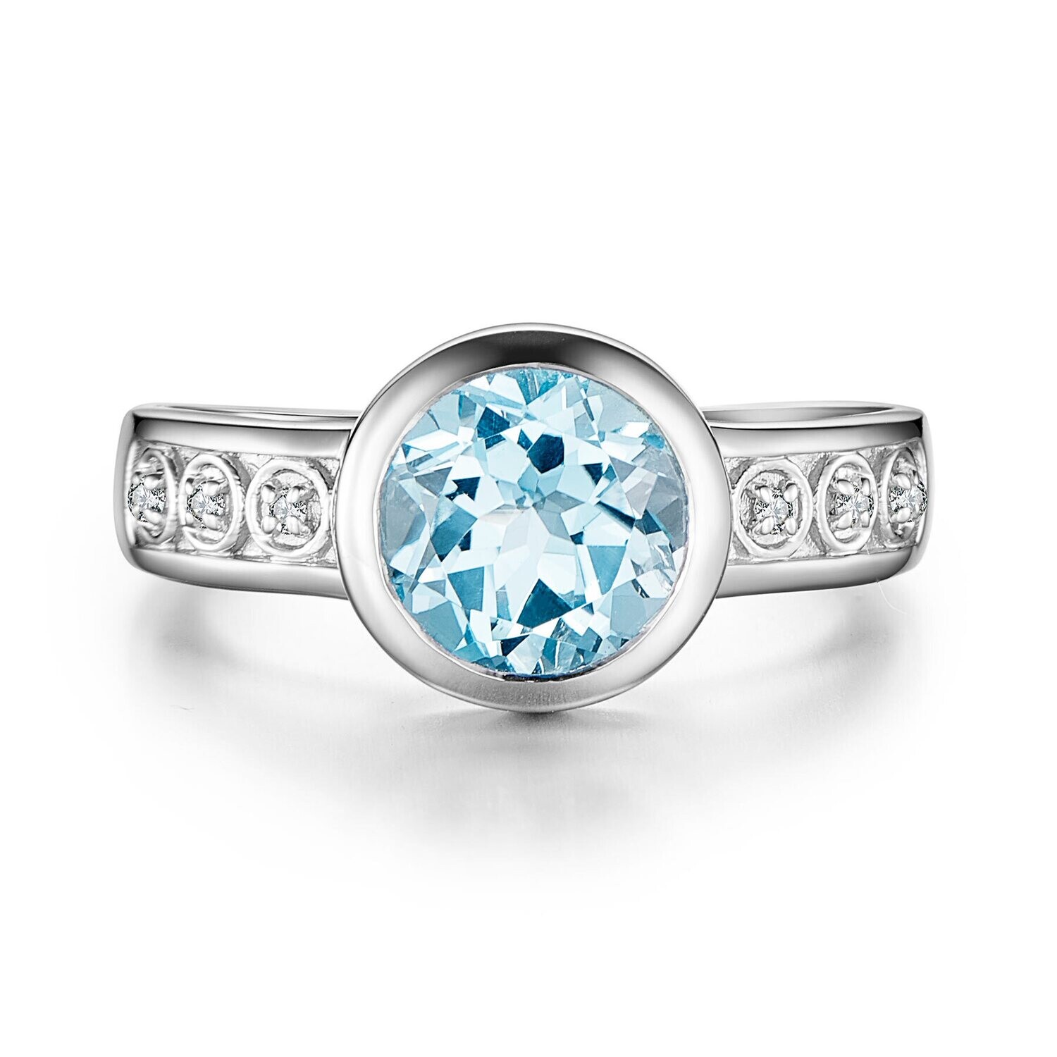 Silver Bezel Round Sky Blue Topaz Round Diamond Accent Ring