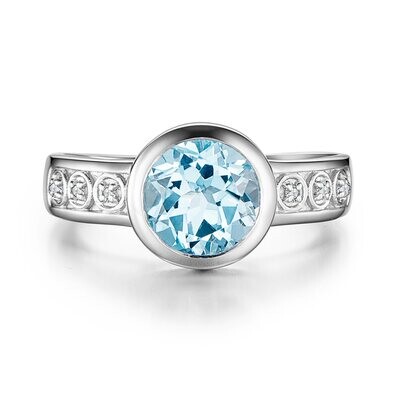 Silver Bezel Round Sky Blue Topaz Round Diamond Accent Ring