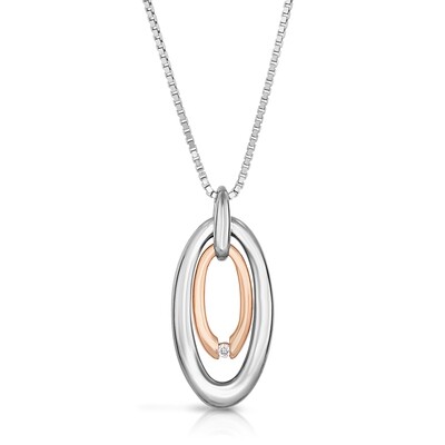 Silver TwoTone Round Diamonds Dual Oval Necklace