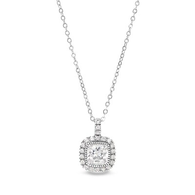 Silver Cushion Simulated Gemstone with Simulated Diamond Halo Necklace