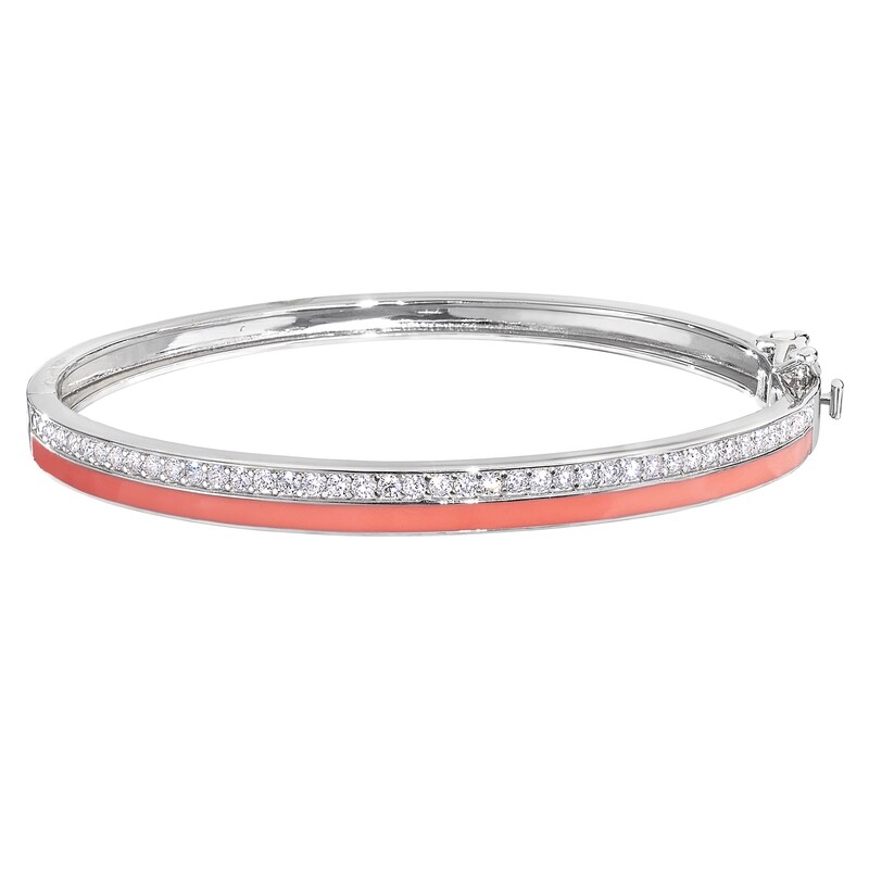 Silver Coral Enamel Cubic Zirconia Bangle Bracelet