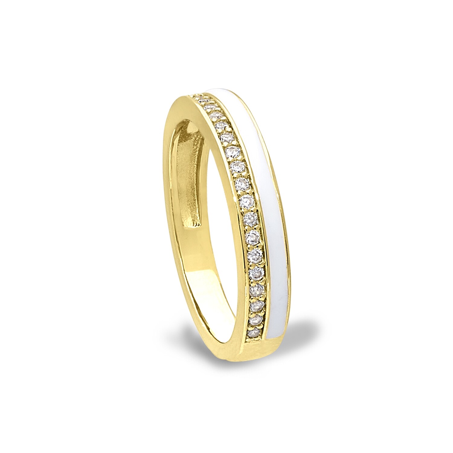 Yellow Gold-Plated White Enamel Cubic Zirconia Ring