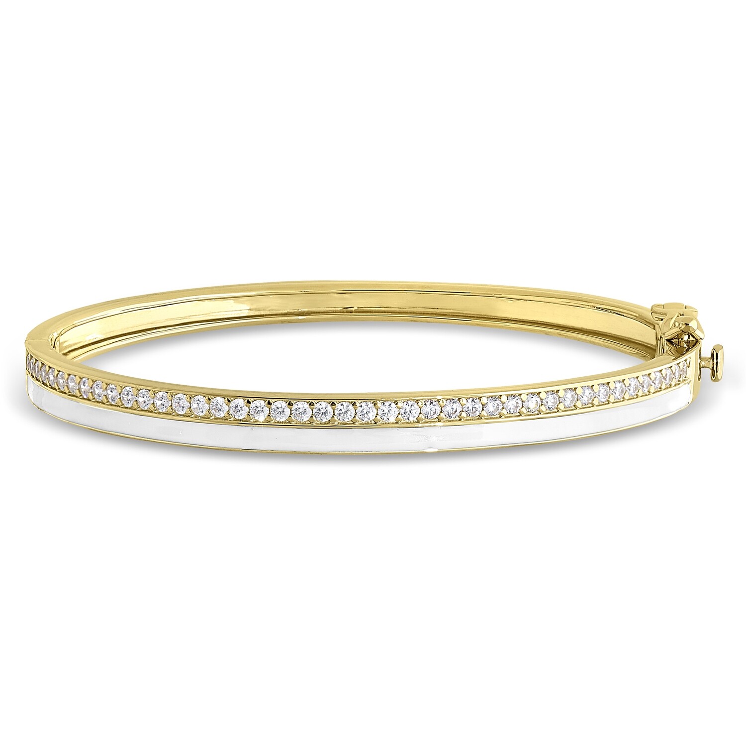 Yellow Gold-Plated White Enamel Cubic Zirconia Bangle Bracelet